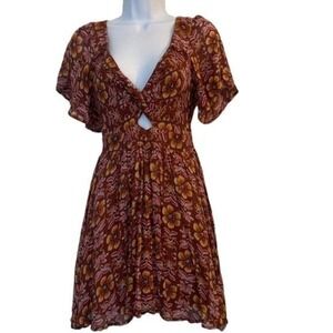 Womens Floral Print Short Sleeve Twist Front Cutout Mini Dress Brown Yellow Pink